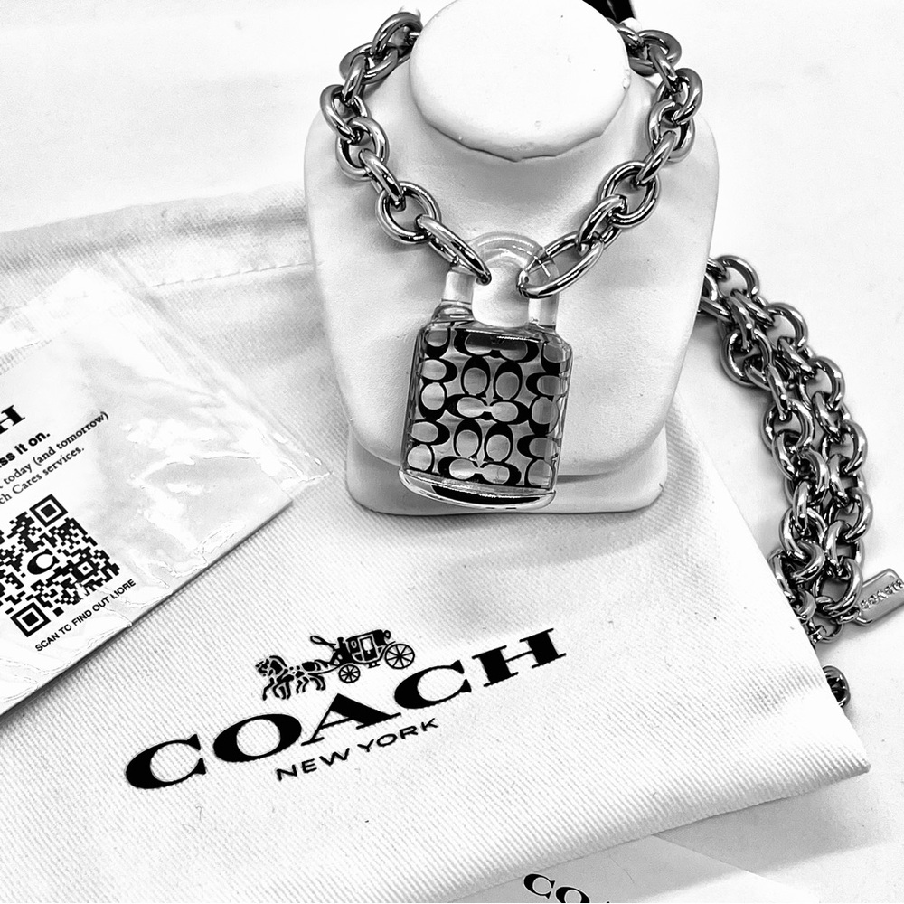 COACH Signature Lucite Padlock Pendant Necklace Silver Tone Clear C NWT - Picture 2 of 12
